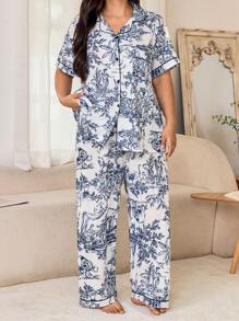 Dream Adore Traditional Chinese Style Portrait & Landscape Print Plus Size Short Sleeve Pajama Set With Collar