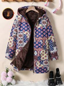 Áo khoác thường ngày có mũ trùm đầu in hoa tay dài lót nhiệt cho bé gái tuổi mới lớn, mùa thu và đông - Cà phê nâu - Xem 1