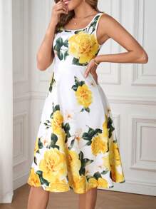 SHEIN Clasi V 领无袖黄白花卉印花针织 A 字中长连衣裙，优雅日常休闲节日春夏女士连衣裙 - 彩色 - 查看 4