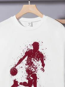 SHEIN 2 件青少年男孩休闲短袖 T 恤和长裤套装，街头朋克摇滚青少年学院日常服装，适合春夏季、音乐节、派对、运动和篮球，黑白