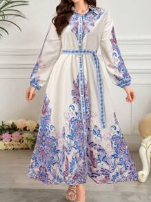 Seusyu Women's Resort Floral Print Lantern Sleeve Casual Loose Shirt Dress - Blue - View 3
