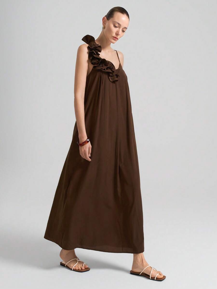 Ontre 春夏女装、早午餐装、都市时尚风格、3D 花卉图案无袖连衣裙、棕色喇叭长裙、女式长裙、日常休闲装、百搭四季服装、海滩/度假波西米亚风时尚度假装、夏季时尚达人风格、异国乡村音乐节西部风情、优质舒适面料 - 棕色 - 查看 1