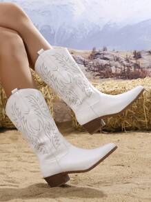 Styleloop 女士新款刺绣西部靴，时尚个性化刺绣粗跟中筒靴，波西米亚风格，美式复古，波西米亚风，西部音乐节，派对，圣诞节，万圣节服装