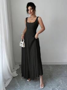 Elenzga Vestido largo de novia/fiesta/casual/oficina, corte evasé, sin mangas, cuello barco, con detalle de hebilla, para primavera/verano - Negro - Ver 6