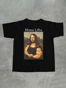Glimmora Normal Size Women's Funny Mona Lisa Lifting Graphic T-Shirt, Fitness Enthusiast Design - Black - View 1