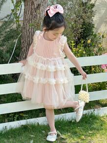 DAZY Young Girl Mesh Patchwork Ruffle Trim Sleeveless Round Neck Dress,Girls Summer Outfits - Baby Pink - View 7