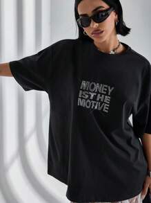 EURMUSE Maglietta donna a maniche corte, girocollo, in maglia tinta unita, vestibilità morbida, con applicazioni di strass e slogan, comoda e casual per il tempo libero e l'uscita