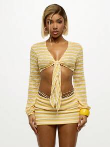 SUMWON WOMEN Crochet Tie Front Crop Top Long Sleeve Beachwear Summer Knit Striped Festival Boho Y2K Fashion Cover Up Resort Vacation Pool Party - Yellow - View 1