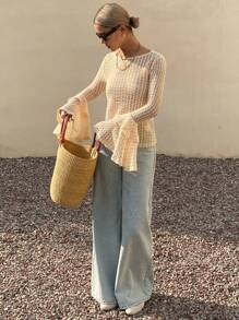 Livesso Women's Summer Casual Loose Beach Holiday Style Mesh See-Through T-Shirt,Ruffle Long Sleeve Women Tops - Apricot - View 2