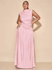 SHEIN BAE Váy dài xếp nếp không tay thanh lịch cỡ lớn cho nữ, váy dài siêu dài không tay cổ lọ màu trắng trơn không đối xứng xếp nếp mùa xuân/hè, thích hợp mặc nhiều lớp vào mùa thu/đông, váy kiểu Pháp, váy dạ hội, váy sinh nhật, váy phù dâu, váy thanh lịch tối giản hàng ngày, váy trang trọng cho phụ nữ - Màu Hồng  San hô - Xem 6