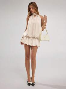 SHEIN BAE Women's Spring And Summer Yellow Solid Color Bestie Party/Cocktail Dress/Back To School Season/Birthday Party/Club Party/Satin Gathered Sexy Big Backless Balloon Bud Skirt Culottes Style Halter Neck Fashion Mini Dress/Yellow Mini Skirt/Concert Wear/Vacation Outfits Woman,Summer Dresses For Women,Yellow Dress,Spring Break Outfits Dresses For Wedding Event,Sun Dresses For Women