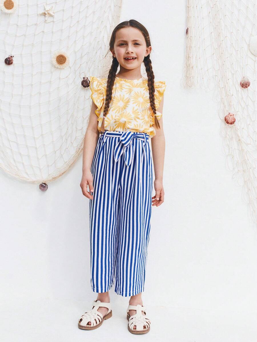 SHEIN Young Girl Striped Knit Pants, Summer, Casual Versatile Outgoing, Holiday - Multicolor - View 1