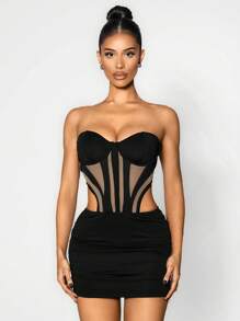 Sirith 春季性感女士镂空拼接钢圈文胸罩杯鱼骨褶皱迷你连衣裙 - 黑色 - 查看 3