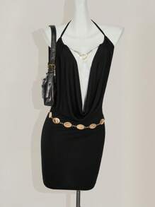 SHEIN ICON Women's Black Knitted Mini Dress With Spaghetti Straps And Plunging Neckline - Black - View 1