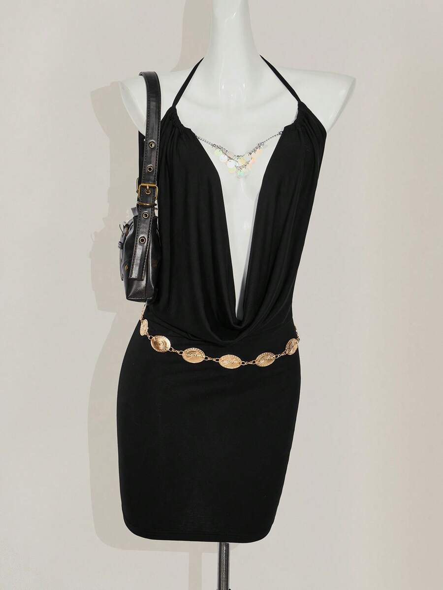 SHEIN ICON Women's Black Knitted Mini Dress With Spaghetti Straps And Plunging Neckline - Black - View 1