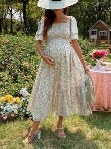 SHEIN Robe de grossesse décontractée à manches volantées avec imprimé floral épars pour les vacances - Multicolore - Voir 4