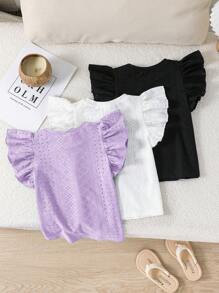 SHEIN Leap Crew 3 Pieces Set Young Girl Solid Knitted Round Neck Ruffle Trim Fitted T-Shirt - Mauve Purple - View 2