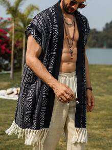 Manfinity RSRT Męska koszula kimono z nadrukiem wakacyjnym, patchworkowym, z dekoltem halter, luźny krój, kontrastowe lamówki, graficzny nadruk, blok kolorów, wakacje, idealna na hawajskie wakacje na plaży, festiwale muzyczne i codzienny styl uliczny. W stylu boho, wyspiarskim, to świetny prezent dla chłopaka lub męża. Męska odzież na wakacje i do kurortu.