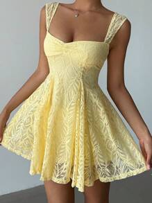 Aloruh 黄色细肩带蕾丝荷叶边下摆简约时尚夏季半身裙 - 黃色 - 查看 7