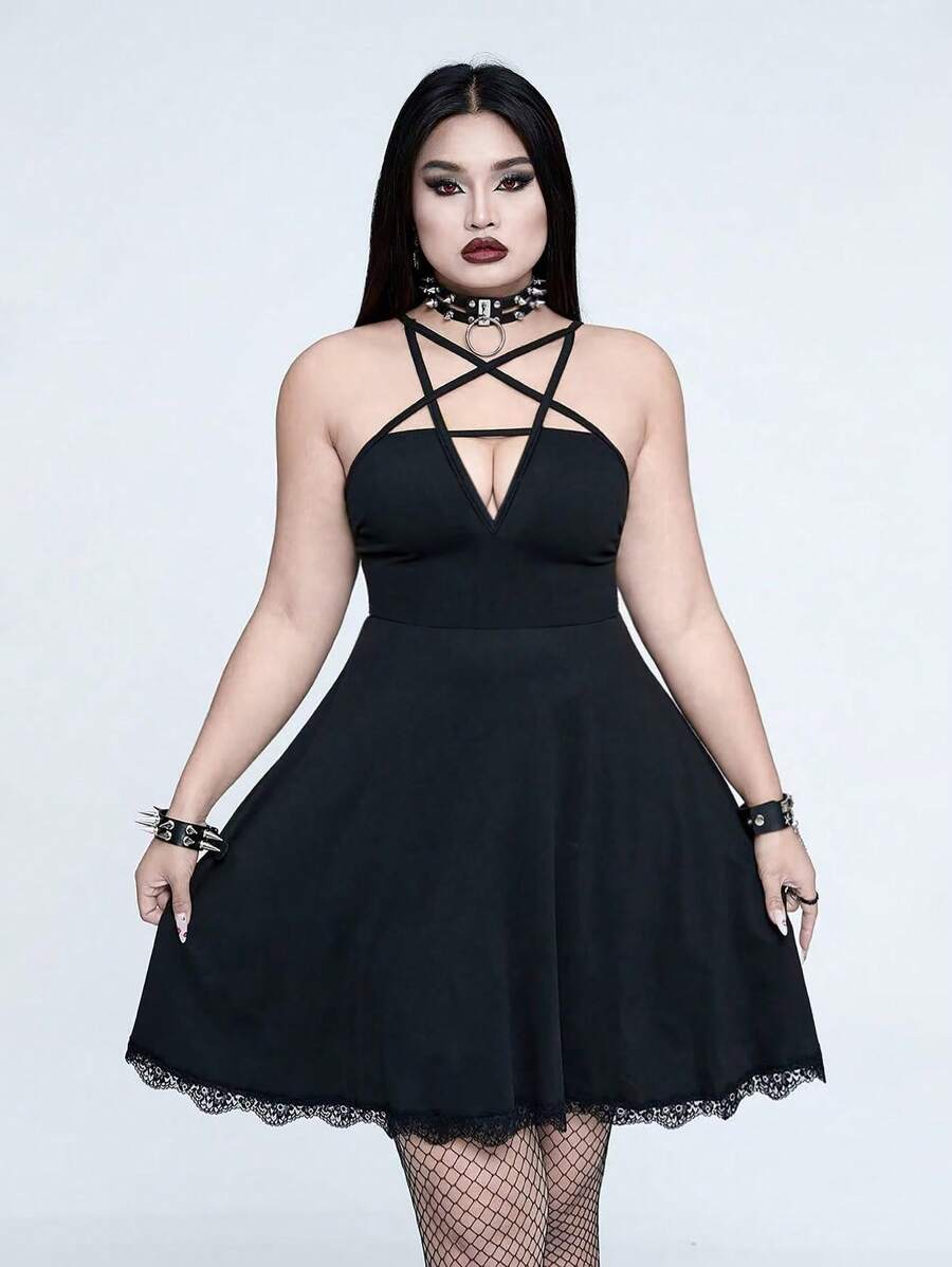 Whyspr Váy hàng ngày phong cách Punk Rave cỡ lớn mùa xuân và mùa hè tối màu gợi cảm ôm vừa vặn đa năng táo bạo tiên phong cổ áo ngôi sao thắt chéo eo cao ôm sát ren viền vá - màu đen - Xem 1