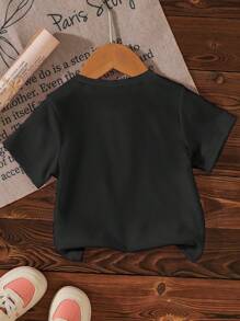 SHEIN 1pc Young Girl Casual Street Fashion Bow Letter Graphic Print Black Short Sleeve T-Shirt, Fit For Sweet & Cool Daily - Black - View 2
