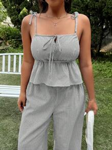 SHEIN EZwear Plus Size 2pcs Set: Casual Vacation Style Square Neck Striped Tie-Front Crop Top & High Waist Striped Wide Leg Pants, Spring/Summer