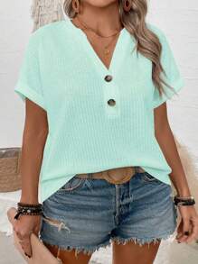 SHEIN 新款女式加大码时尚休闲纽扣 V 领宽松短袖 T 恤 - 薄荷綠 - 查看 1