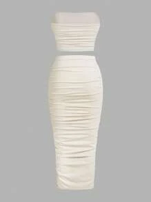 SHEIN Essnce 女士夏季休闲纯色褶皱露肩上衣外出上衣抹胸及膝修身裙套装机场装返校服装女式两件套抹胸套装秋季外出套装，3 件