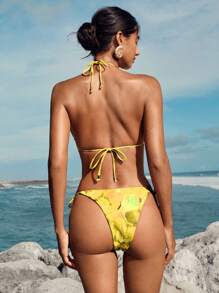 Opulessa 女士扎染印花挂脖露背系带比基尼上衣 - 黃色 - 查看 2