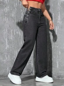 SHEIN EZwear Jeans de unicolor, con bolsillo, ajustado y recto con cordones