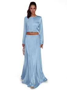 COSMINA Women's Elegant Solid Color Low Waist Pleated Skirt - Baby Blue - View 4