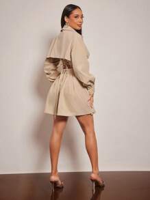 Vixey Long Sleeve Cinched Waist Lace Up Back Shirt , Business Casual For Women, Spring For Women, Summer For Women, Old Money For Women, Brunch For Women - Khaki - View 3
