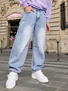 Tween Boys Fashionable Minimalist Comfortable Fitted Light Washed Blue Casual Daily Versatile Jeans, Spring/Autumn - Light Wash - View 3