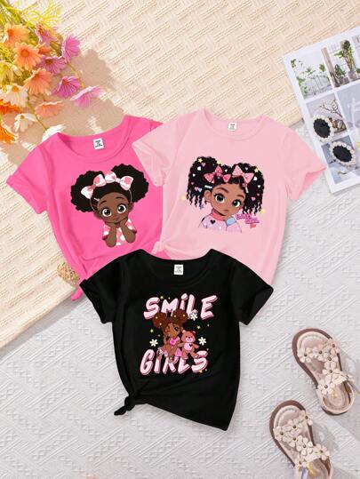 SHEIN Playful Pals 3pcs Baby Girl Cartoon Character Print Short Sleeve Round Neck Tee