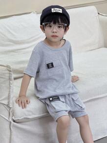 SHEIN 2pcs/Set Young Boy Casual Daily/Vacation T-Shirt + Shorts Outfit, Suitable For Daily, School, Outings, Outdoor Play, Summer Season - Grey - View 13