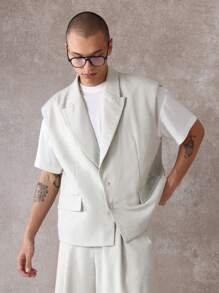 SUMWON Conjunto de dos piezas con aspecto de lino para verano: chaleco y pantalón corto. Conjunto de traje moderno con pantalón corto de pierna ancha, plisado y chaleco corto a la cintura.