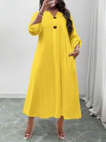 Slaydiva 2025 New Plus Size Versatile All-Match Solid Color Pocket Casual Dress,Flowy Dress,Sun Dresses For Women - Yellow - View 4