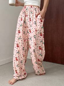 DAZY Striped Cartoon Pattern Print Loose Straight Leg Pajama Bottoms - Pink - View 1