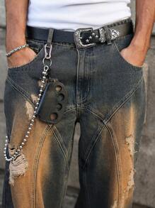 Manfinity EMRG 男士仿旧深蓝色复古褪色棕色宽松直筒牛仔裤，街头风格