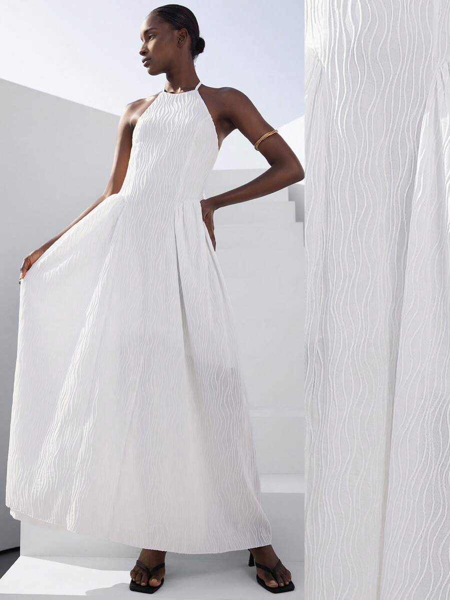 SHEIN Privé Elegant Vacation Simple Sleeveless Tie-Neck Waist Cutout Textured Dress For Women - White - View 1