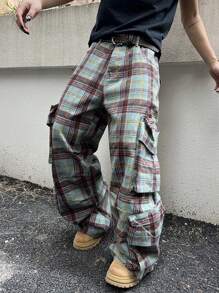 PAVTROS 男士工装口袋格子直筒宽松休闲牛仔裤，适合外出大学度假街头穿着，emo 风格 - 彩色 - 查看 7