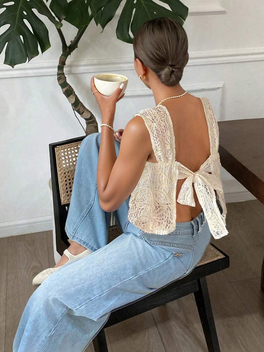 SHEIN Frenchy 女士通勤杏色纯色网眼纹理后背系带方领无袖背心，夏季女式沙滩装，波西米亚风Y2K上衣，女士可爱夏季上衣，圣诞节 - 紅白色 - 查看 1