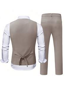 Calvornis Men's Simple Business Front Button V-Neck Suit Vest And Suit Pants Set - Coffee Brown - View 2