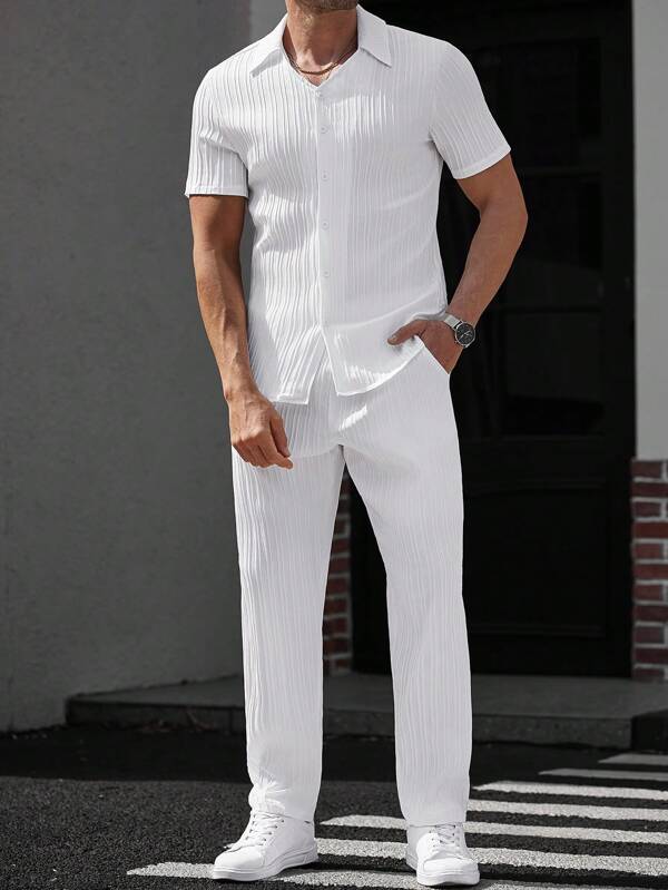 Manfinity CasualCool Costum casual bărbătesc, culoare solidă, mânecă scurtă, cu un singur nasture, cămașă și pantaloni, alb, ținută bărbătească, ținute albe bărbătești, ținute din 2 piese, albe
