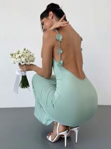 Firerie Women's Elegant Romantic Wedding Embroidery Festival Boho Floral Vacation Long Dress With V-Neck And 3D Flower Decor,Bodycon Spaghetti Strap Dress ,Beach Dress,Graduation Dresses,Brunch Outfits Wedding Guest Dress Women,Summer Outfits/Dress,Summer,Summer Dresses For Women,Graduation,Graduation Dresses For Women,Back To School Dress - Mint Green - View 3