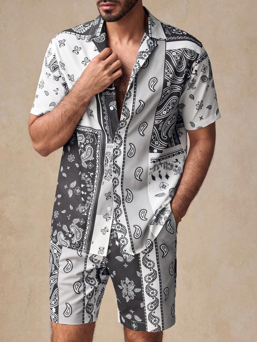 Manfinity VCAY 2pcs Men's Casual Cuban Collar Short Sleeve Woven Shirt Set - Multicolor - View 1