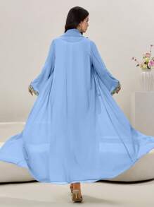 Al Najma Spring/Summer Arabic Style Abaya With Headscarf, Decorative Floral Trim On Collar, Cuffs And Flared Sleeves, Modest Robe - Blue - View 2