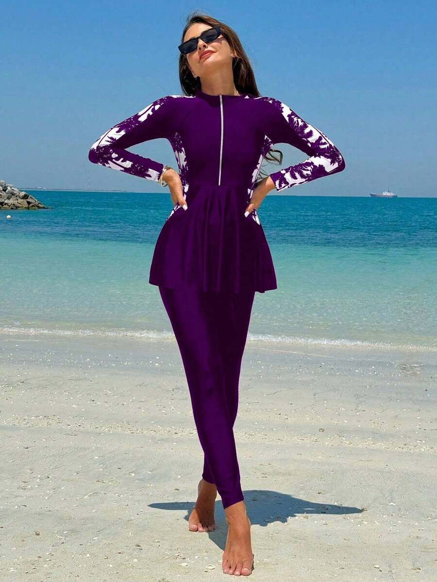Swim Mulvari Bộ 2 món/Bộ đồ bơi Burkini in họa tiết cây dừa chắp vá cho nữ - Màu tím - Xem 1