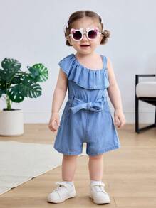 SHEIN Baby Girl Blue Ruffle Asymmetric Collar Rompers,Kid Girls Spring And Summer Casual Vacation Country Boho Wear, Beach Outfits For Kid Girls, Spring Break Easter Outfits - Light Wash - View 4