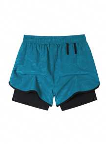 Manfinity Sport Corelite Men's Casual Contrast Color Patchwork Sports Shorts, Summer Biker Shorts Running Shorts - Teal Blue - View 2